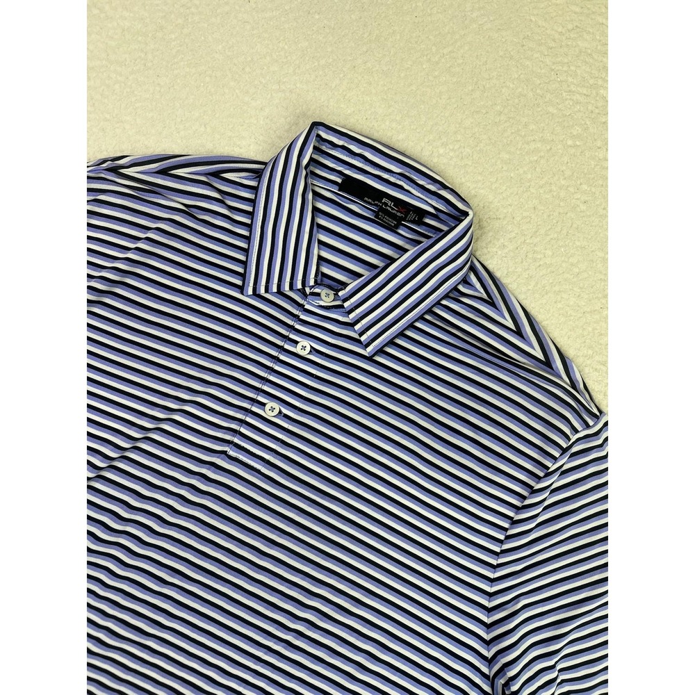 RLX Ralph Lauren Polo Shirt Mens Large Blue Stripe Golf Performance Stretch Logo